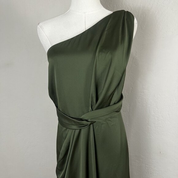 Dessy Collection Size 22 W Whisper Satin One Shoulder Drape Gown Olive Green NWT - Picture 2 of 10